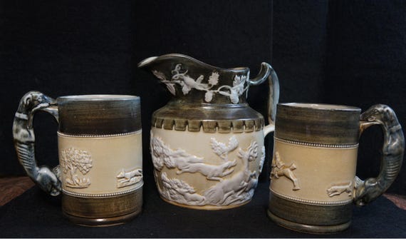 Vintage Bourne Denby Derby England Pottery Pitcher and Two Mug Set W Hound Handle & Fox Hunting Scene and Deer Stag Dog Scenes Rare Unique