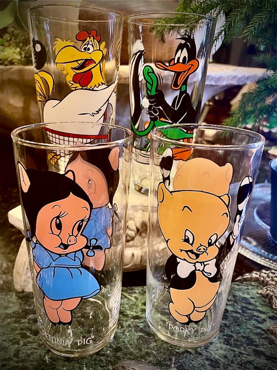 Vintage Set of 4 Looney Tunes & Warner Brothers 1973 Pepsi Drinking Glasses Petunia Porky Donald and Foghorn Leghorn