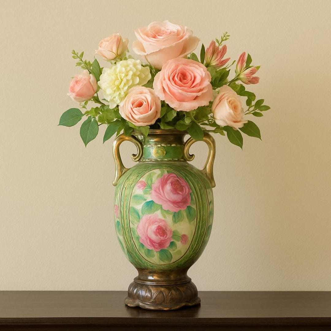Antique French Barbotine Vase, Art Nouveau Rose Majolica, C.1900