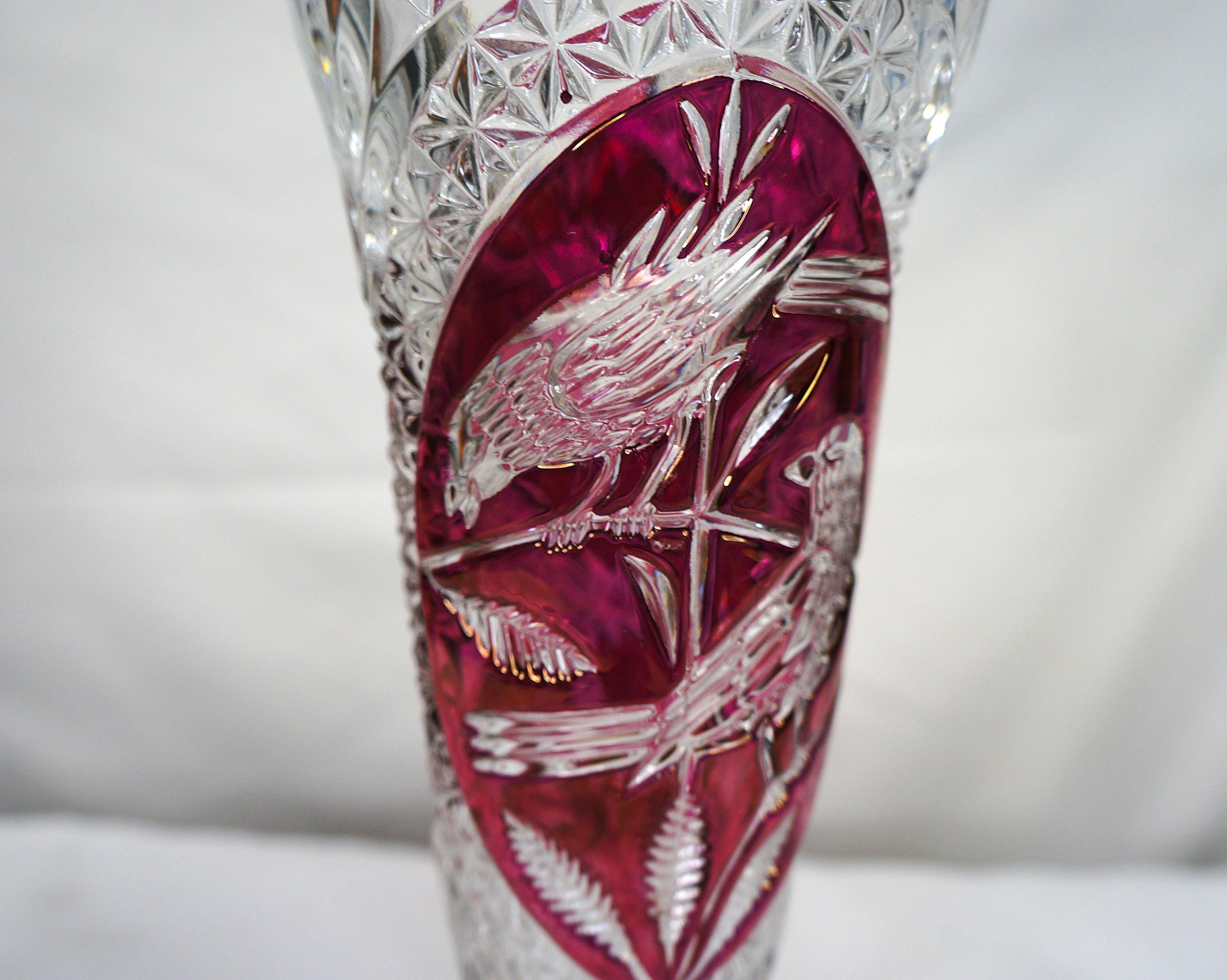 German Lead Crystal Red Bird Vase Hofbauer Byrdes Vintage Crystal