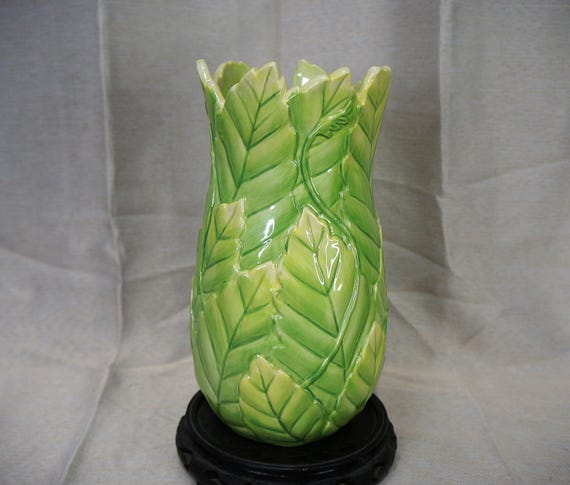 Vintage Fitz and Floyd Green Ceramic Majolica Leaf Vase Tall Vibrant