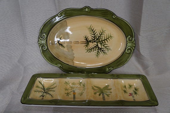 Tropical Palm Tree Serving Platter and Divided Tray 2 Piece Set West Indies by Sauvignon Green Rim Island Tableware