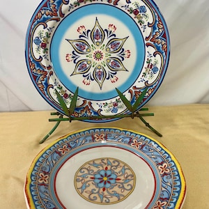 Euro Ceramica dinner plates set of 2 10 inch colorful floral design Mediterranean blue yellow red stoneware kitchen tableware