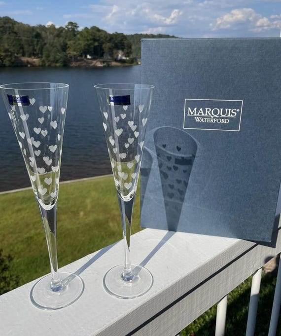 Marquis Waterford MINI HEARTS Crystal Champagne Flutes Glasses 11" Pair W Box