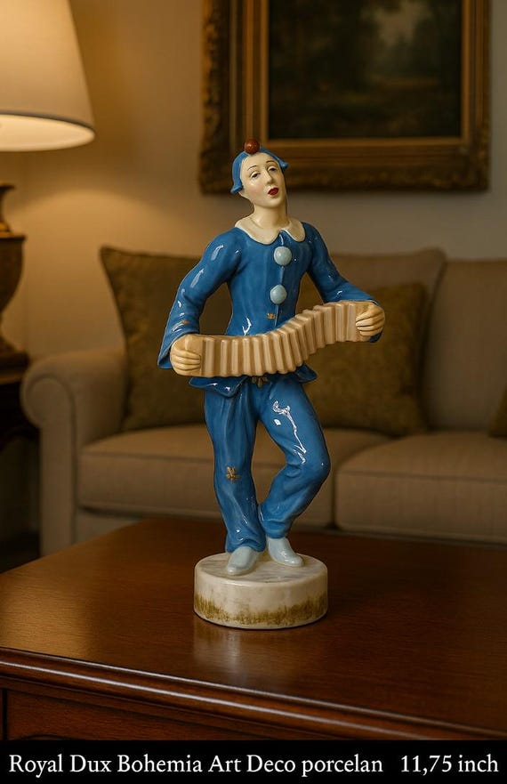 Royal Dux Bohemia porcelain Pierrot clown with accordion 11.75 inch Art Deco Czechoslovakia hand painted harlequin musician figurine
