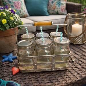 Vintage Mason Jar Drink Set with Metal Carrier, 6 Glass Jars