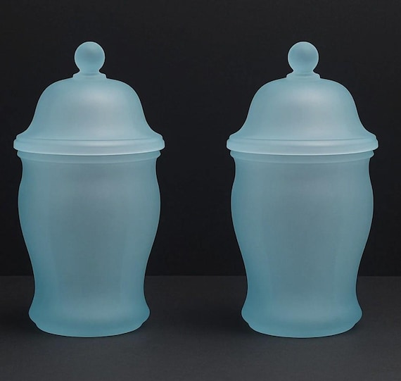 Pair Of Vintage Indiana Glass Blue Satin Frosted Apothecary Matched Jars w/ Lid