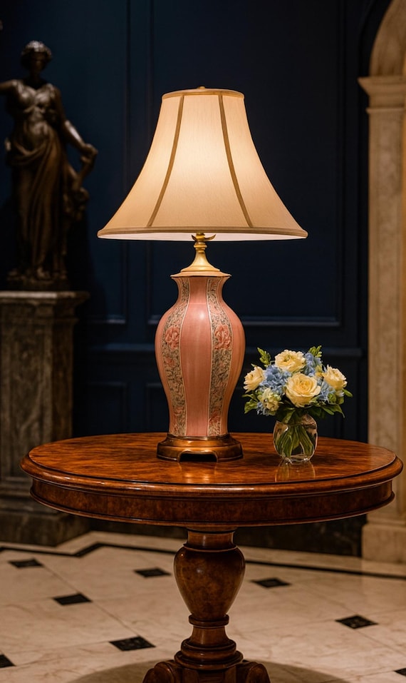 Marbro Japanese porcelain lamp pink lotus floral craquelure glaze vintage Asian export brass base 29 inch tall