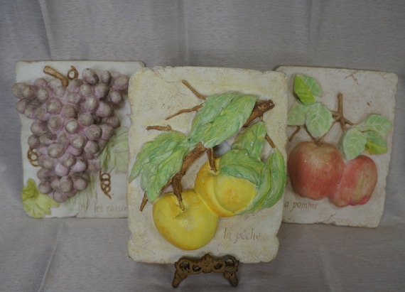 Vintage Tuscan 3D Fruit Cluster Set of 3 Ceramic Grapes Peaches Apples