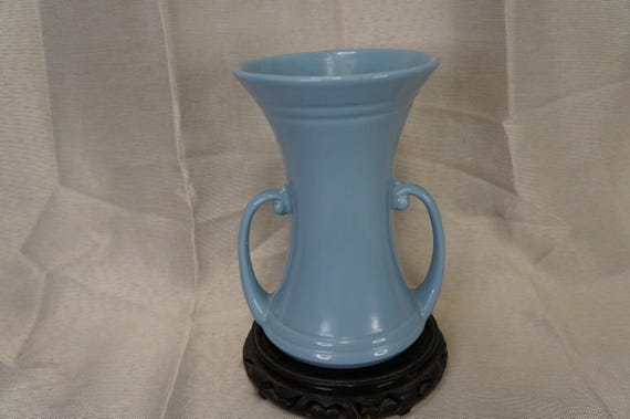 Vintage Abingdon Ceramic Large Double Handled Trumpet Vase Art Deco Blue