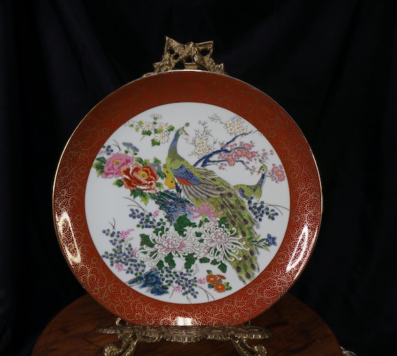 Vintage Plate Large Satsuma Plate With Peacock Bird and Flowers Red Gold Green