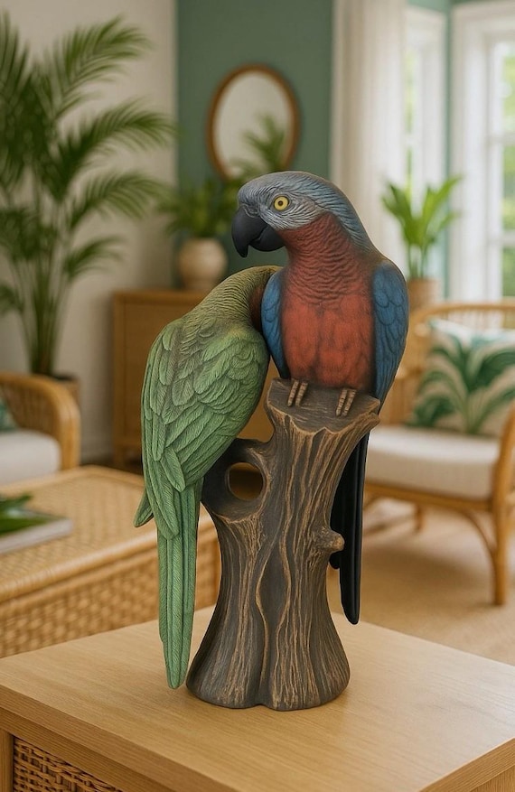 Vintage 12 Inch Parrot Sculpture Pair Macaw Figurine Hand Painted Tropical Coastal Palm Beach Regency Bird Decor Collectible