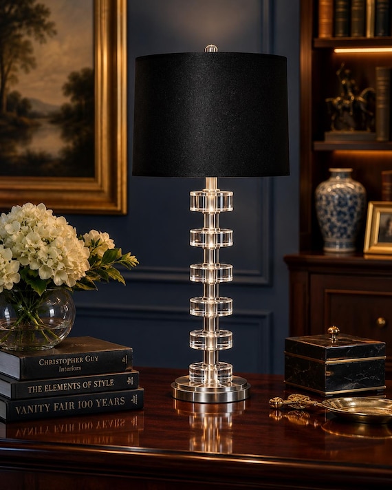 Vintage Stacked Acrylic Table Lamp Lucite Charles Hollis Jones Style Hollywood Regency Black Silk Shantung Drum Shade