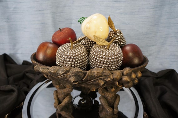 Vintage Bowl of Monkeys Holding Large Resin Bowl with Abstract Grapes and Leaves