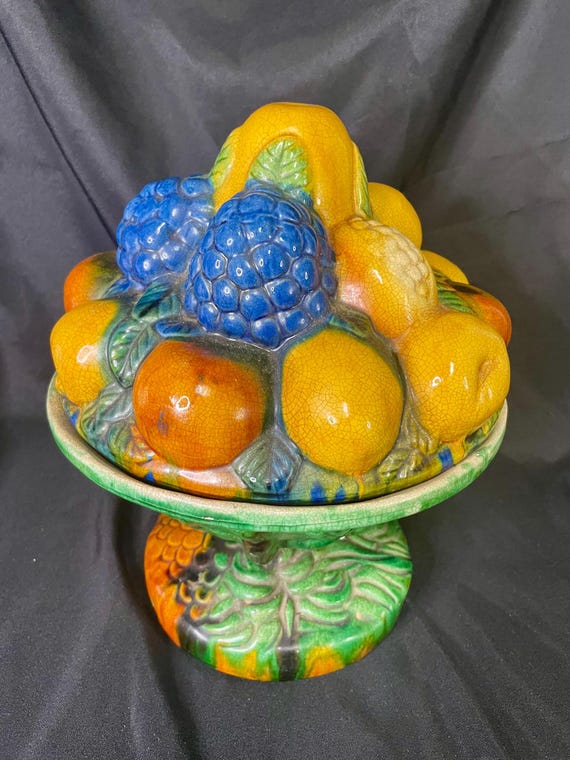 Vintage Majolica Italian Fruit Bowl Footed Compote Lidded Centerpiece Large Table Bowl Entryway Bowl Console Bowl MCM American Empire Styles