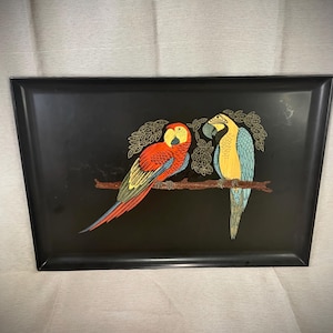 Vintage Parrots Couroc Rectangular Bird Serving Tray Hand Inlaid Beautiful