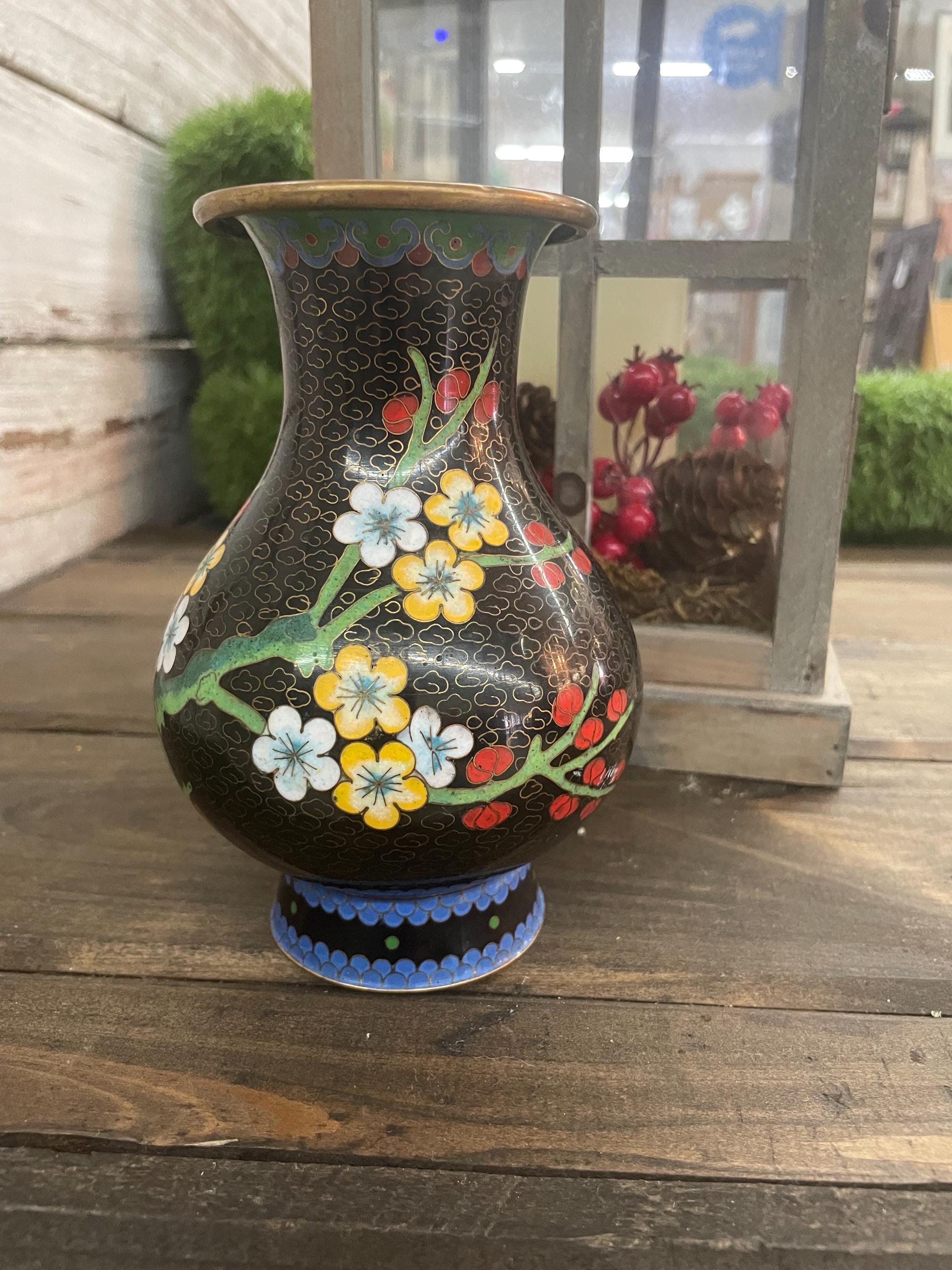 Vintage Chinese Cloisonne Bronze Enamel Vase W/ Flowers Decoration