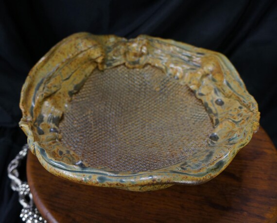 Vintage Studio Pottery Bowl Mark Issenberg Large 12" Pinched Rim Stippled Bottom Footed Stamped and Signed Centerpiece, floral, fruit, entry