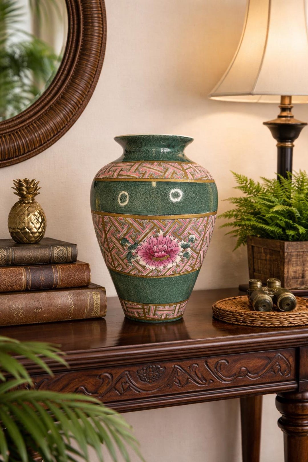 Luxury Chinoiserie Green Statement Vase Crackle Glaze Pink Peony
