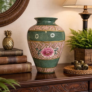 Luxury chinoiserie green statement vase crackle glaze pink peony console table entry decor elegant foyer styling
