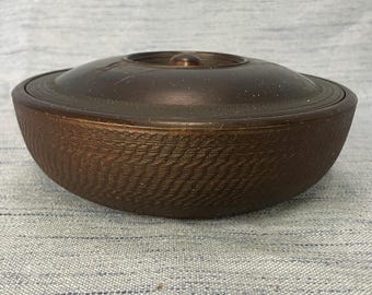 Antique Bowl 1900-1940 Japanese Hand Carved Handmade Inteicate Stippling and Wave Pattern on Sides. Simple Nature Village Scene on Lid