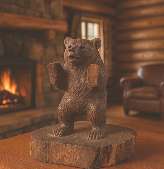 Antique Carved Wood Bear Figurine Black Forest Standing Bear On Tree Base Rustic Cabin Decor Sculpture Early 20th Century