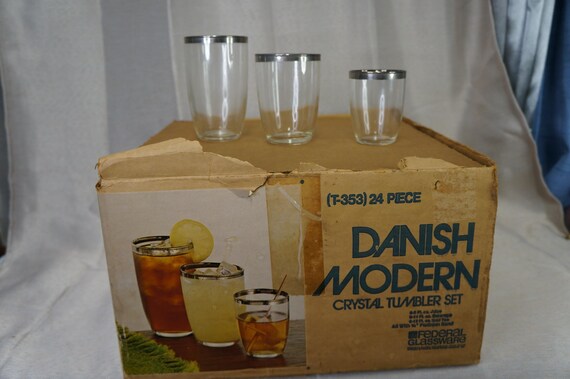 Federal Glasses Original Set of 24 Danish Modern With Box Silver Rim Vintage MCM 1960