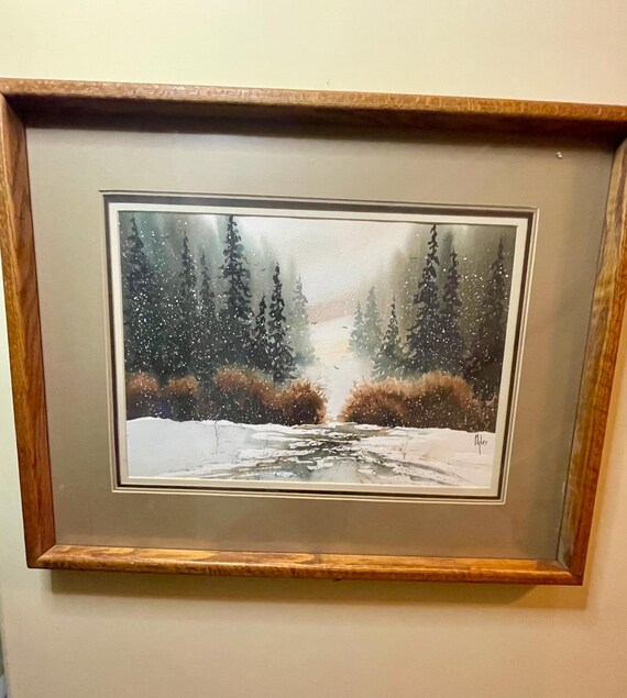 Vintage JP Myler Signed Watercolor Winter Landscape Heavy Solid Oak Frame Beautiful Nature Wooded Snowy Scenery Serene and Peaceful