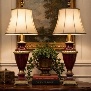 Luxury Napoleon III Ormolu Urn Lamps Pair Faux Marble Neoclassical Statement Lighting for Foyer Console Designer Decor