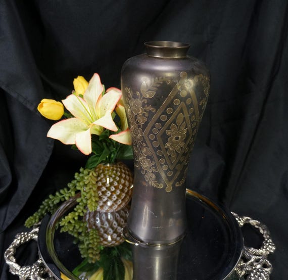 Vintage Vase Bronze Floral Tall 12” With Etched Flowers Brass Vase