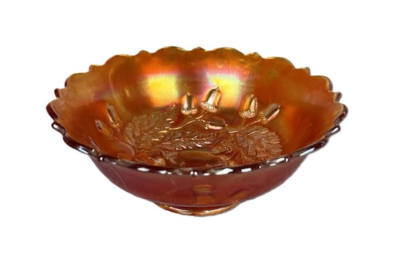 Vintage Antique Fenton Acorn Marigold Ruffled Bowl