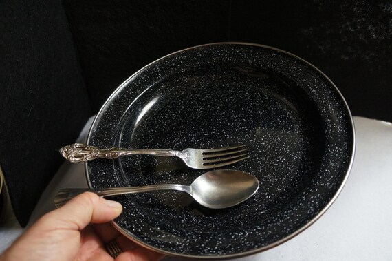 Metal Plate Black Enamel Speckled Vintage Cabin Rustic Hiking