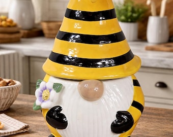 Bee Gnome Ceramic Canister: Striped Hat Cottage Kitchen Storage Jar