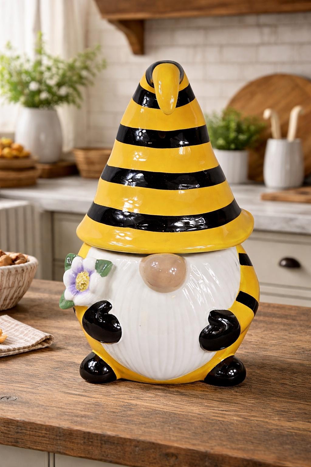 Bee Gnome Ceramic Canister: Striped Hat Cottage Kitchen Storage