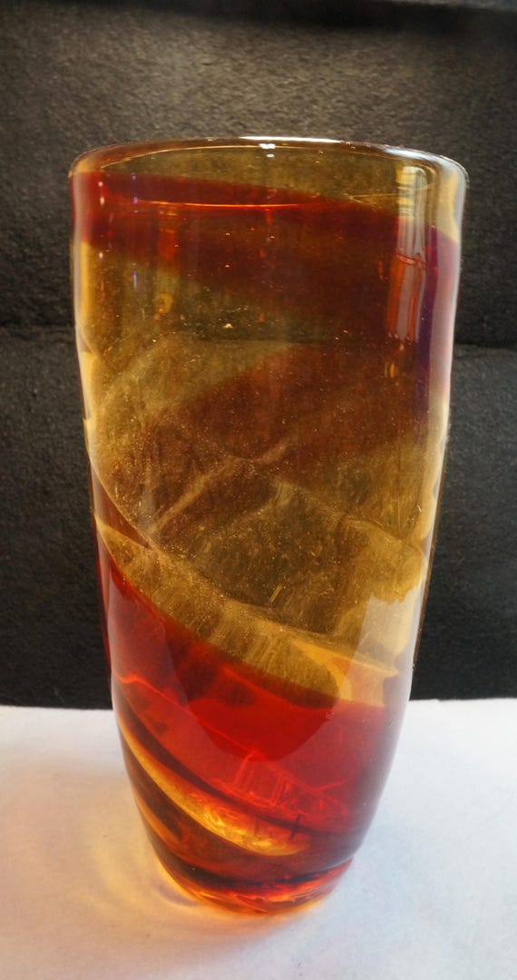 Vintage Hand Blown Art Glass Italian Vase Tall Red and Yellow Swirl