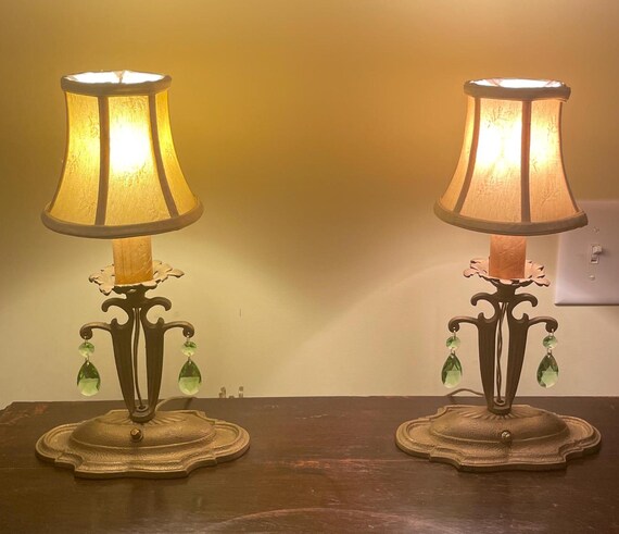 Vintage Table Console or Buffet lamps pair matching brass matte finish Boudoir Parlor Lamps
