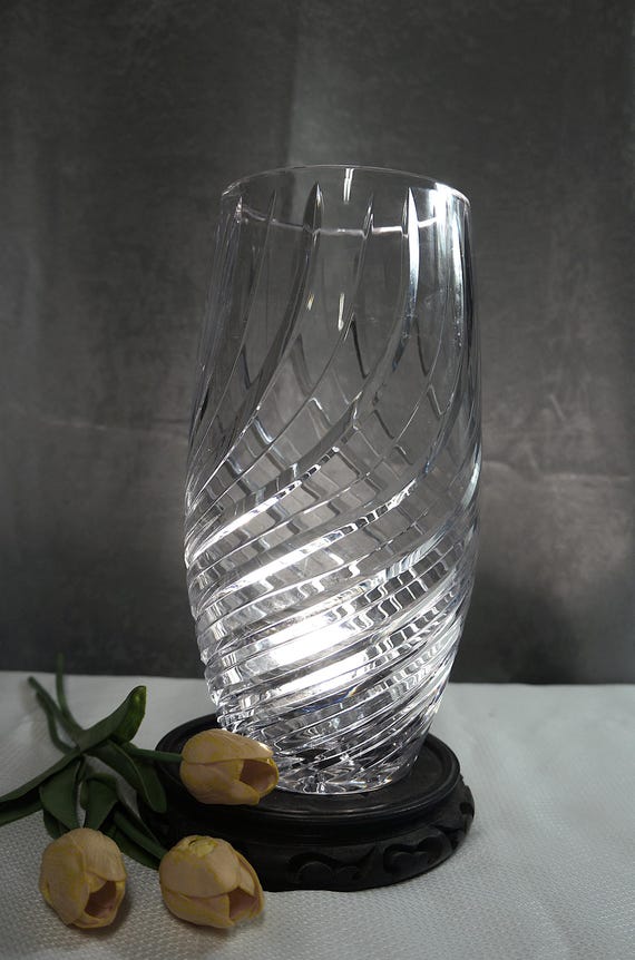 Vintage Mid Century Crystal Vase Large 11" Tall Swirl Pattern Large Exquisite