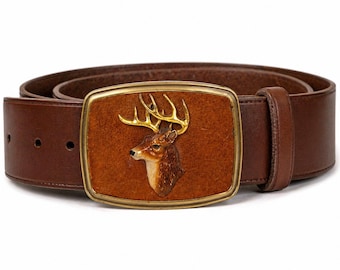 Vintage Messing Deer Buckle Wildleder vorne emaillierte Hirsch Weißwedelhirschjagd Gürtelschnalle