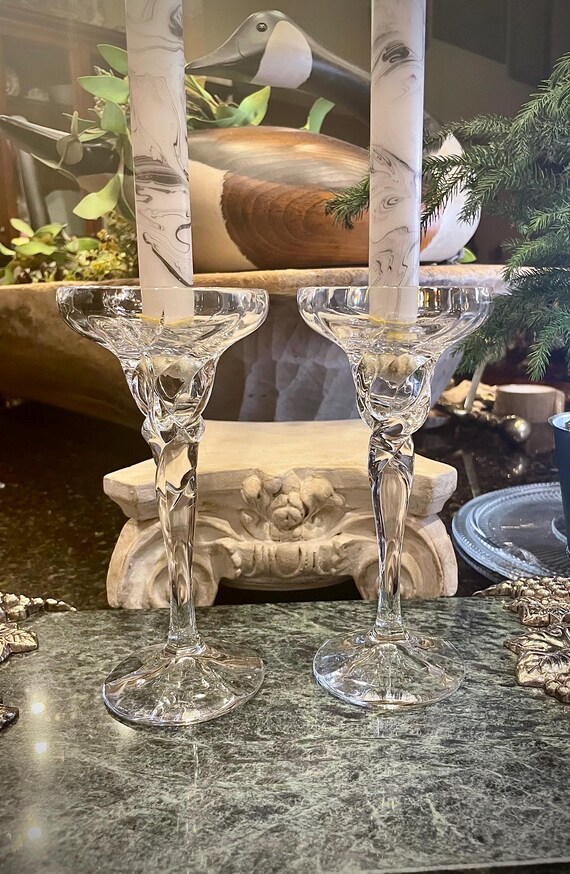 Vintage Pair of Lenox Crystal Twisted Stem Tall 7.12” Candleholders Pillar Taper