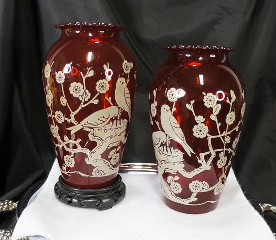 Vintage Pair of Matching Vases Anchor Hocking Ruby Red Birds and Flowers Tall 9" Made of Beautiful Art Glass Red White with Scalloped Rims