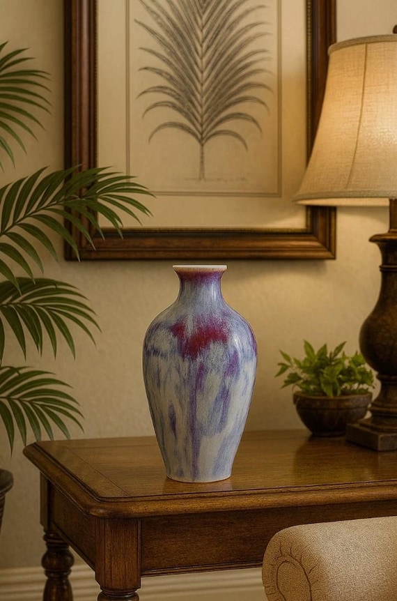 Mid century studio porcelain export peacock flambe glaze vase crimson lavender blue flow copper red reduction glaze