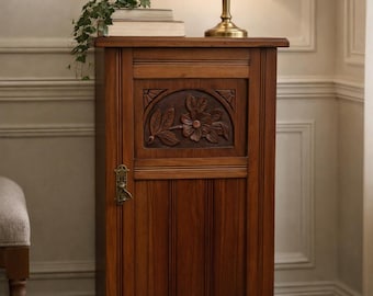 Eastlake solid walnut cabinet carved floral panel statement Spanish revival accent table vintage storage elegant home decor