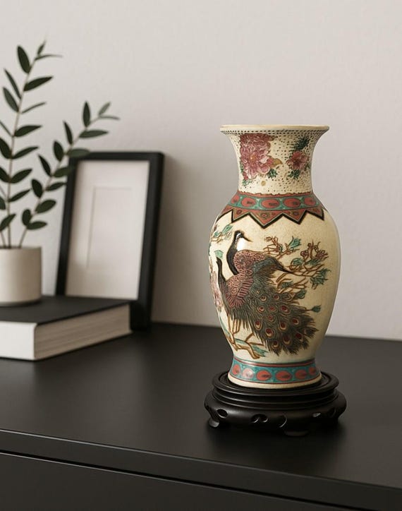 Satsuma style moriage peacock vase with crackle glaze Chinese with raised enamel and gilt decorative or functional