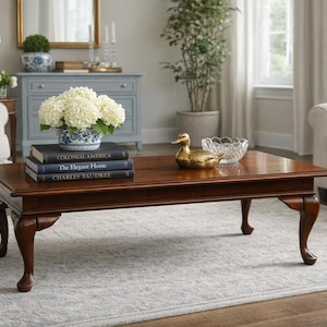 Puede incluir: Una mesa de centro de madera marrón oscuro con patas curvas, que contiene libros, una figura de pato de latón y un cuenco de cristal. Un jarrón floral azul y blanco con flores blancas se encuentra encima de los libros. La mesa está sobre una alfombra estampada.