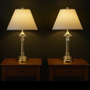 Brass and crystal table lamps pair in the style of Stiffel fluted column lamps luxury traditional decor designer lighting 30 inch