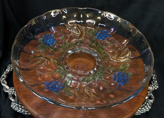 Vintage Platter Brightly Colored Indiana Glass 1960s Footed Round Serving Dish, Cake Plate, Centerpiece With Fruit Garland Pattern 12" RARE