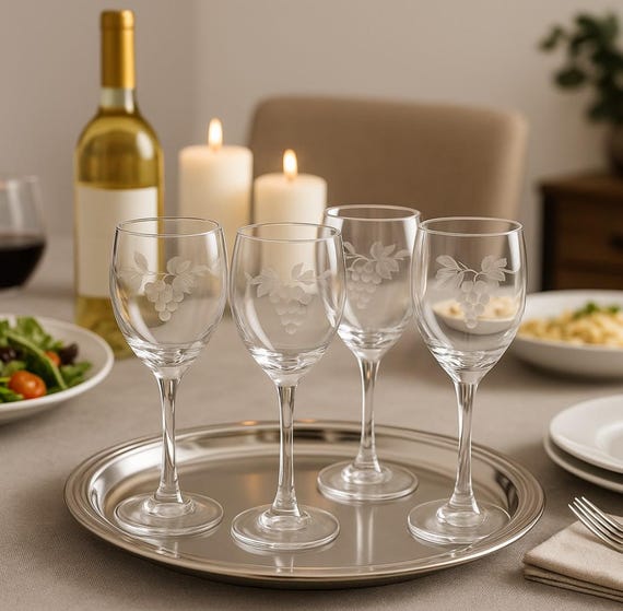 Vintage International Silver Company Napa Etched Grape Wine Glasses Set of 4 with Silver Serving Tray Original Box