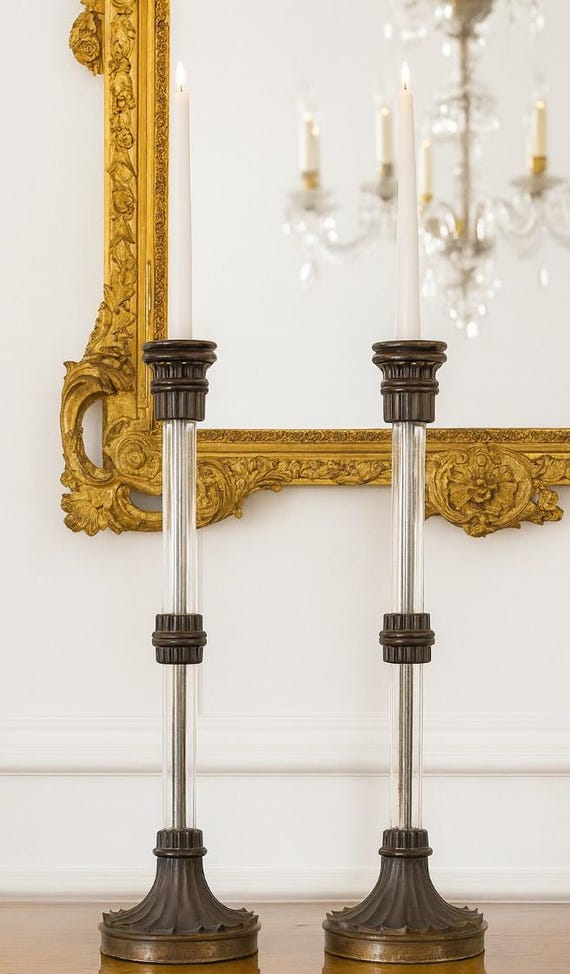 Chapman bronze and seeded glass neoclassical candlestick pair mid century Hollywood Regency vintage candle holders
