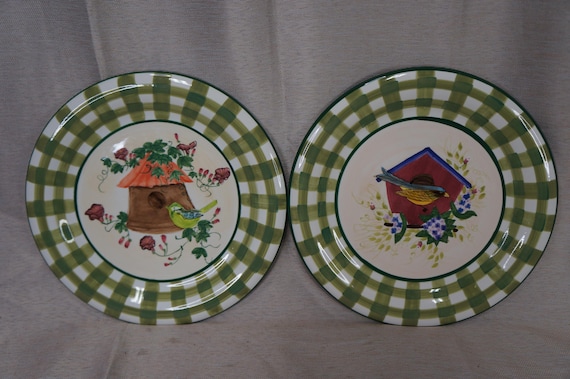 VTG Hand painted bird house plates Green Gingham Border Signed by CANDY Set of 2