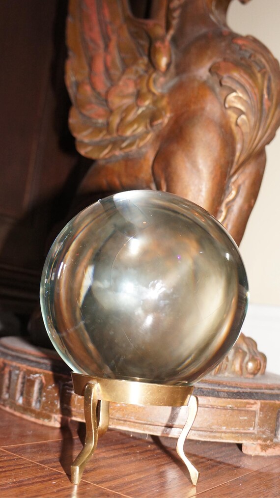 Crystal Ball  Quartz Clear w Brass Stand Vintage 5.25 inches Tall -  16 inch Circumference Great gift for yourself or special person
